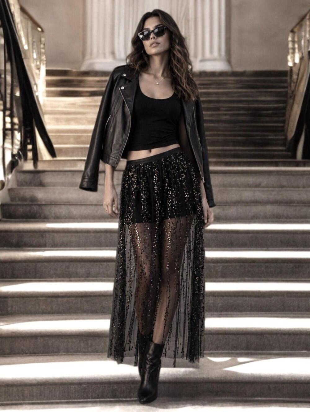NWT Y2K Black Sequin Sheer Pleated Maxi Skirt Low Rise Party Evening Statement M